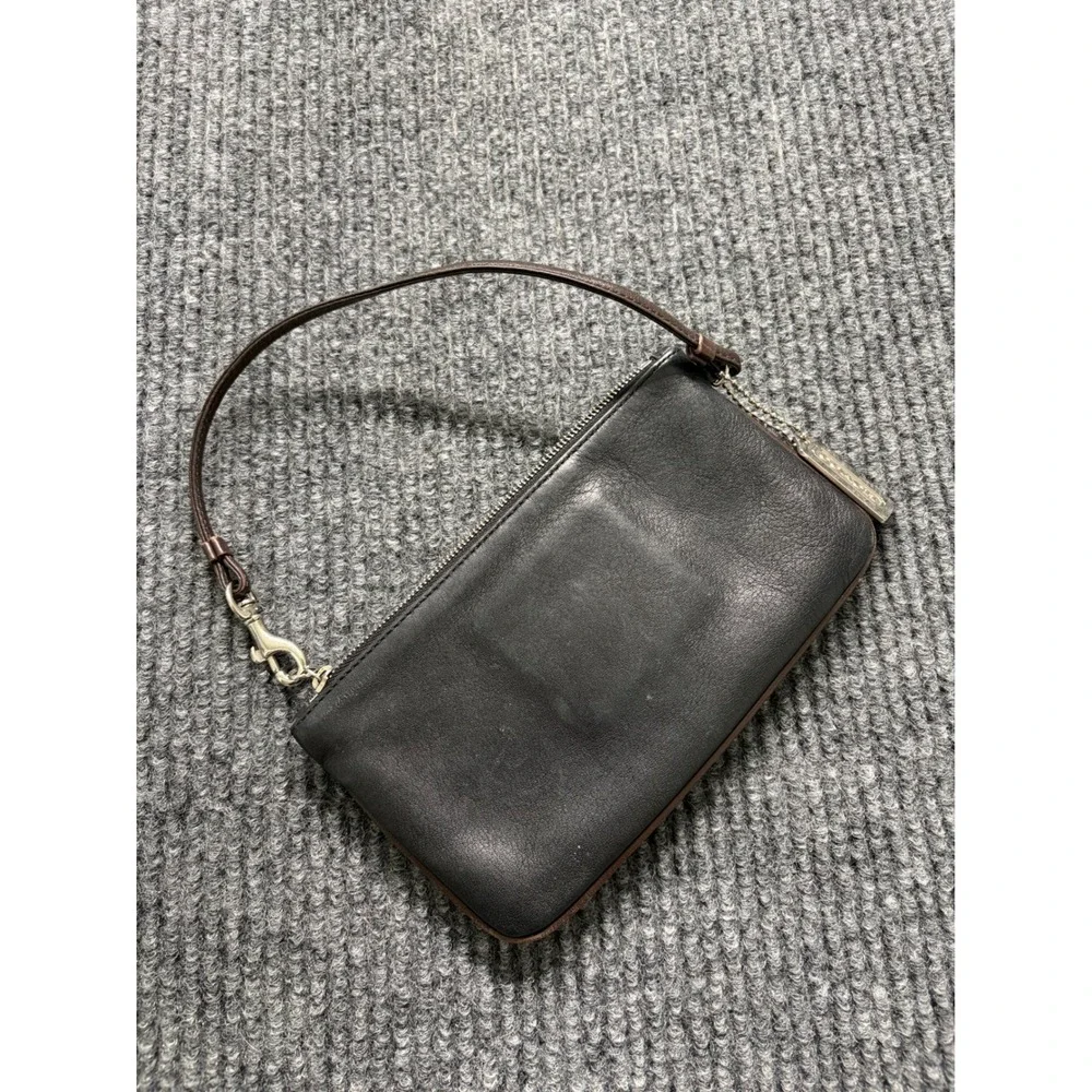 COACH Black Leather Buckle Front Wristlet Wallet with Brown Trim Silver Hardware